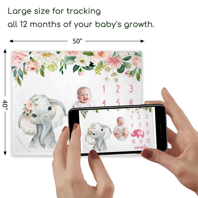 Popfavors Floral Elephant Baby Monthly Milestone Blanket, Jungle Elephant Girl's Soft Fleece Monthly Milestone Blanket, Girl Elephant Nursery Infant Newborn, Includes Marker (White, 50"x40") - Image 4
